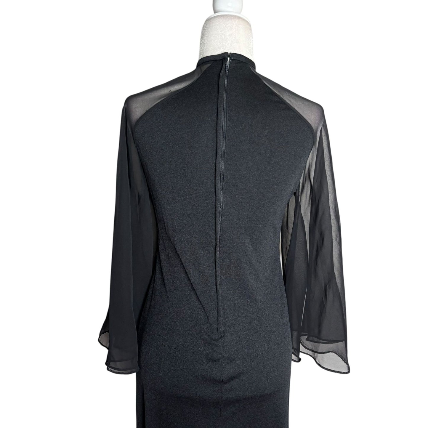 Vintage 70s Les Wilk Sheer Bell Sleeve Maxi Dress Small Black Evening Gown