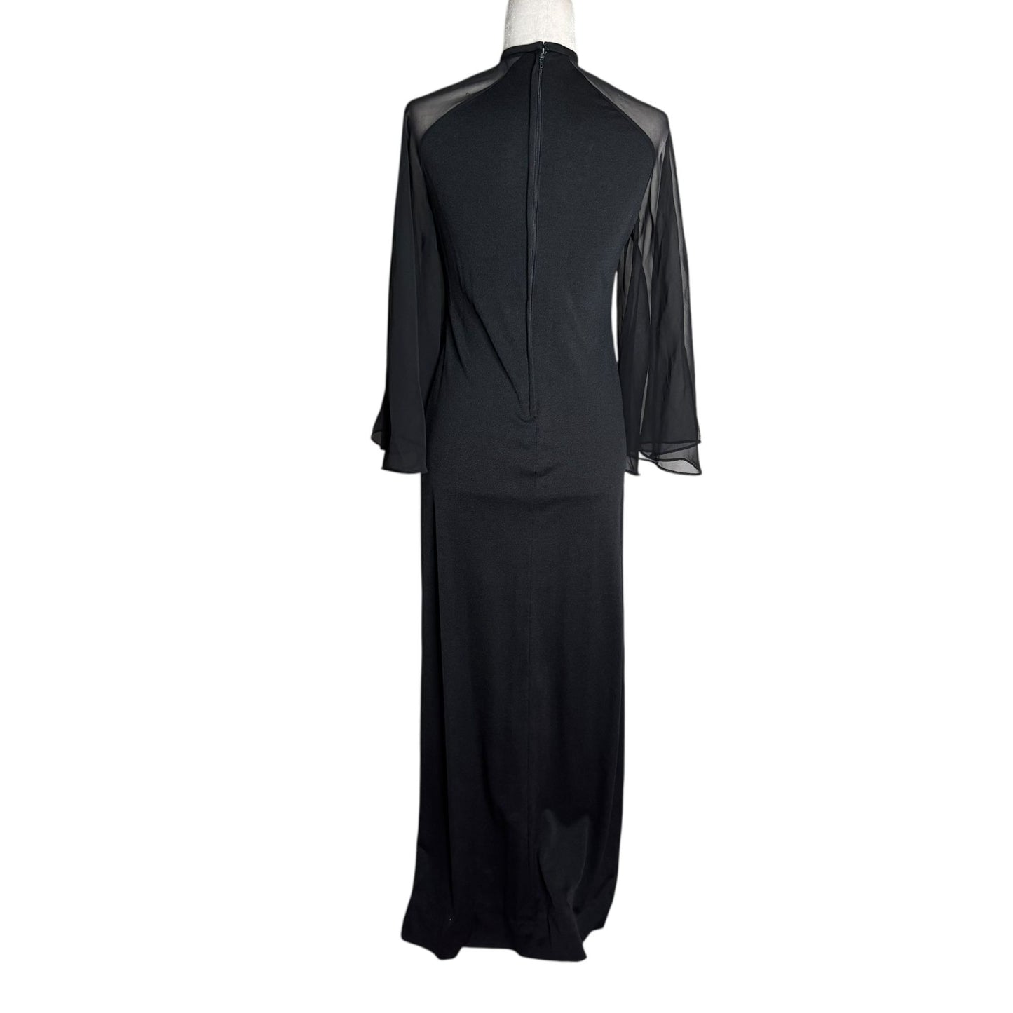 Vintage 70s Les Wilk Sheer Bell Sleeve Maxi Dress Small Black Evening Gown