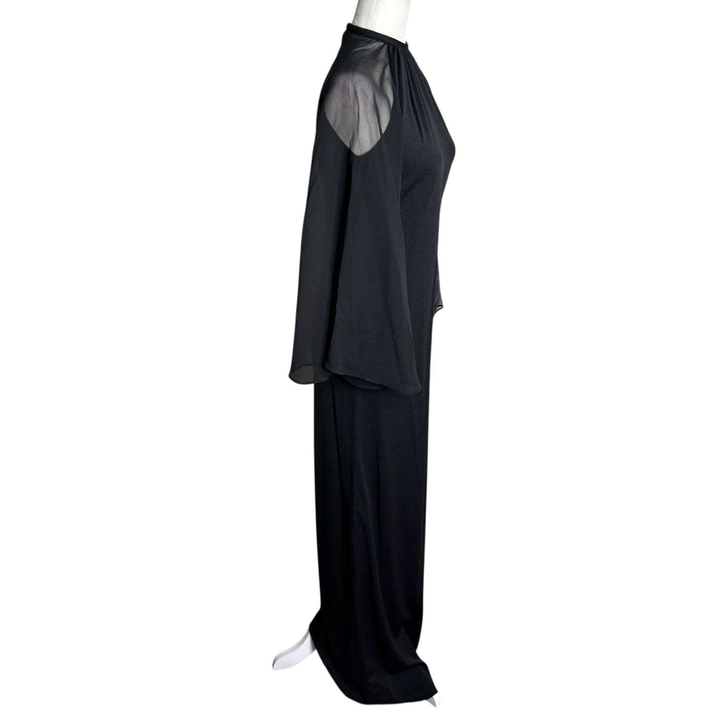 Vintage 70s Les Wilk Sheer Bell Sleeve Maxi Dress Small Black Evening Gown