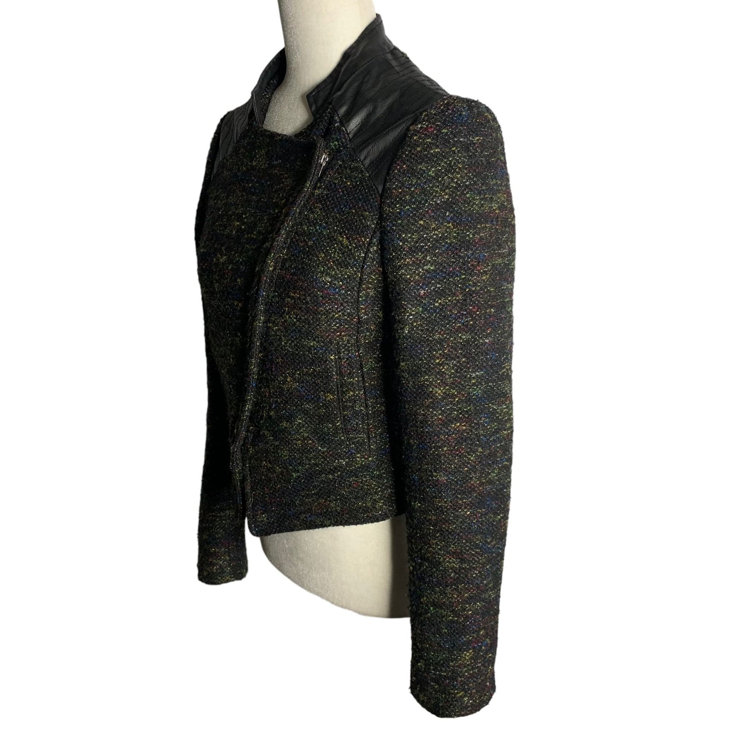 Willow & Clay Boucle Moto Jacket S Black Faux Leather Pockets Asymmetrical Zip