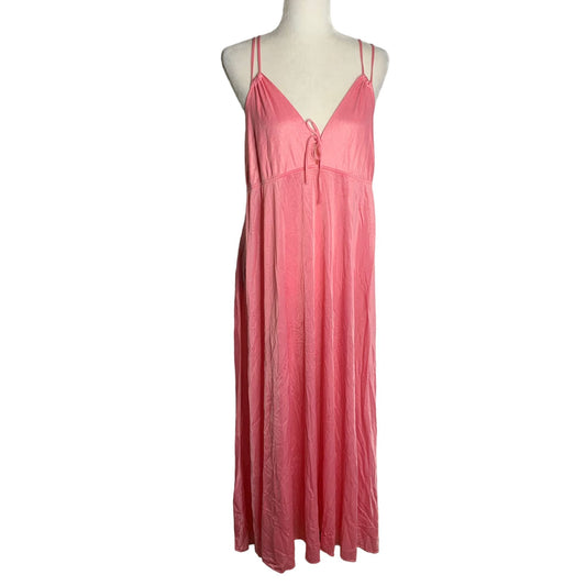 Vintage 70s Nylon Nightgown M Pink Pullover V Neck Spaghetti Straps Low Back