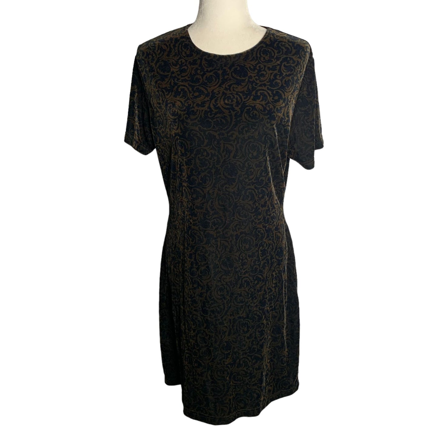 Vintage 90s Velvet Sheath Dress M Black Brown Swirls Short Sleeve Stretch Goth