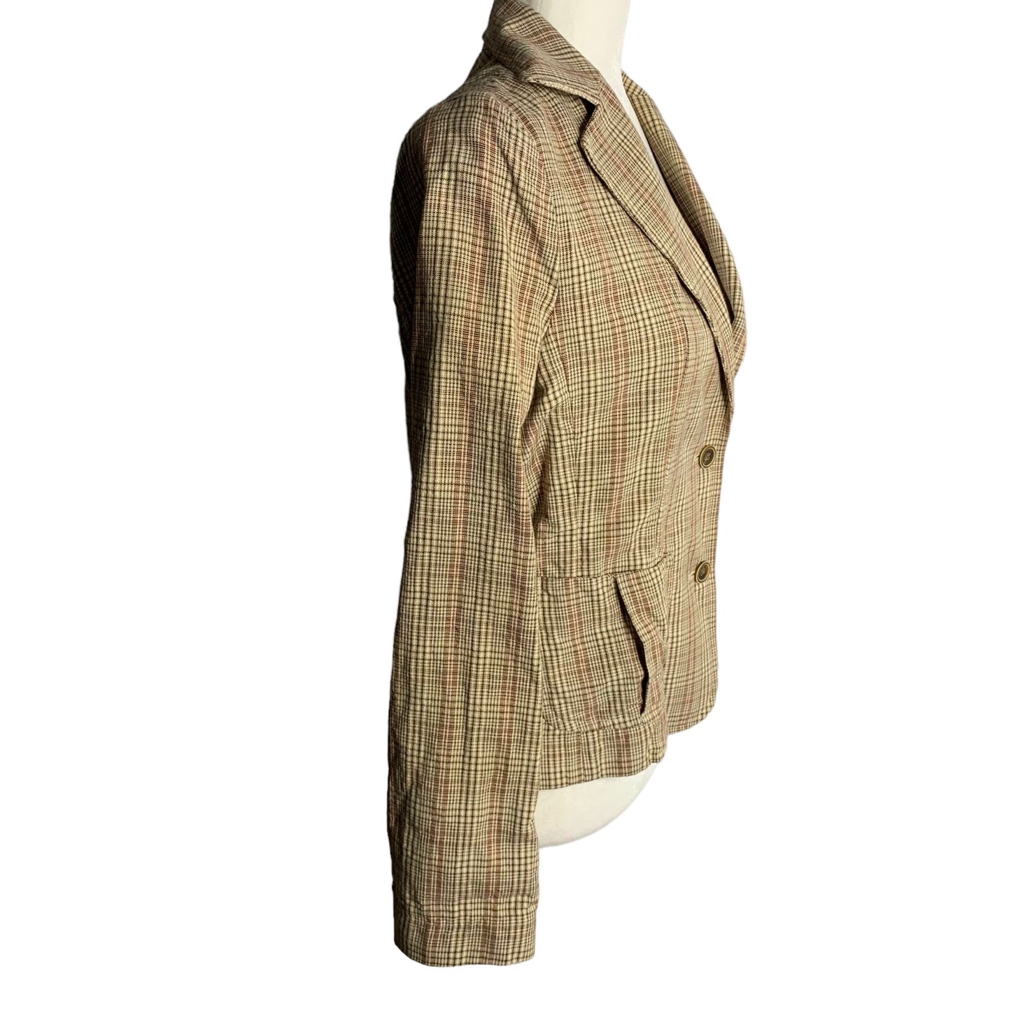 Vintage Y2K Banana Republic Linen Blend Blazer 6 Brown Plaid Buttons Pockets