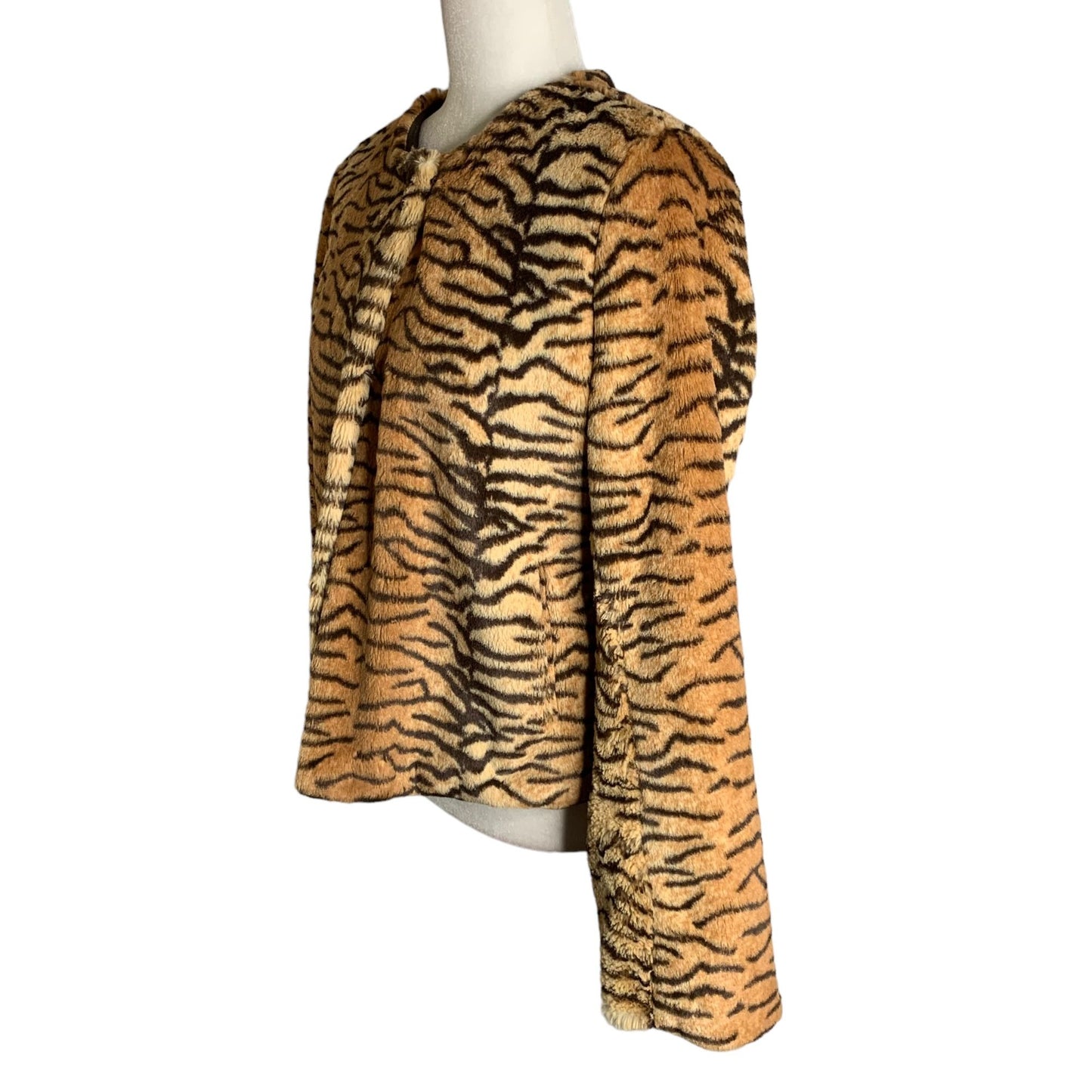 Vintage 90s Moda International Tiger Coat M Brown Faux Fur Plush Lined Pockets