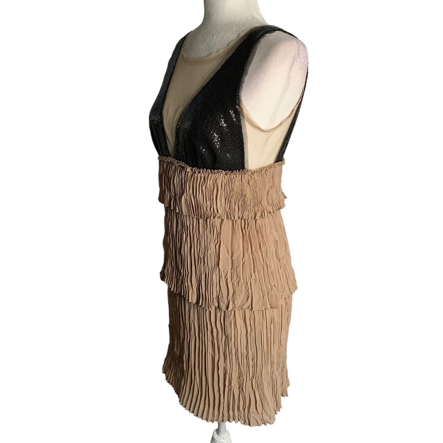 Vintage Y2K BCBG Pleated Mini Dress XS Tan Sequin Mesh Top Lined Zip Layered