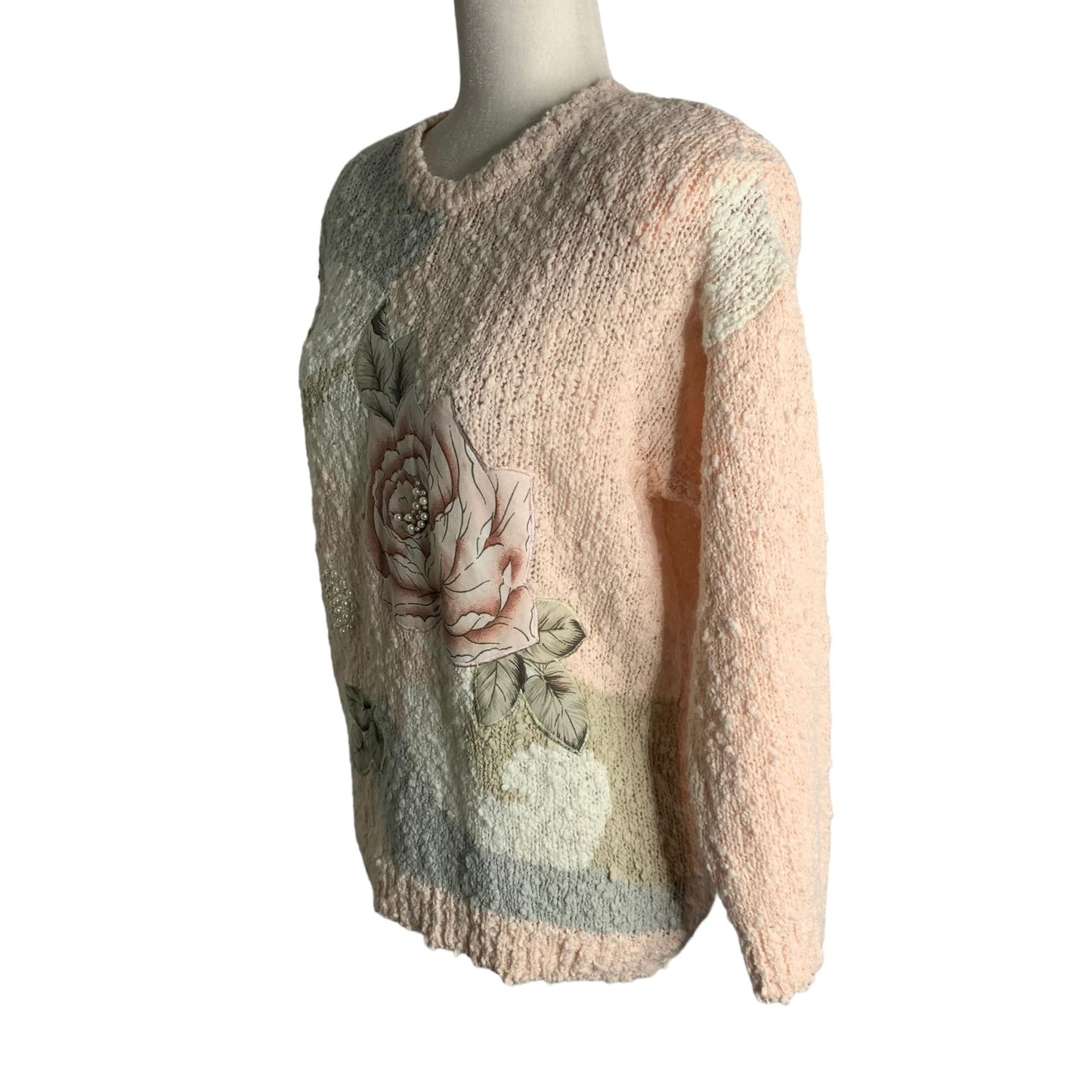 Vintage 80s Boucle Knit Sweater S Pink Embroidered Rose Applique Beaded Pullover