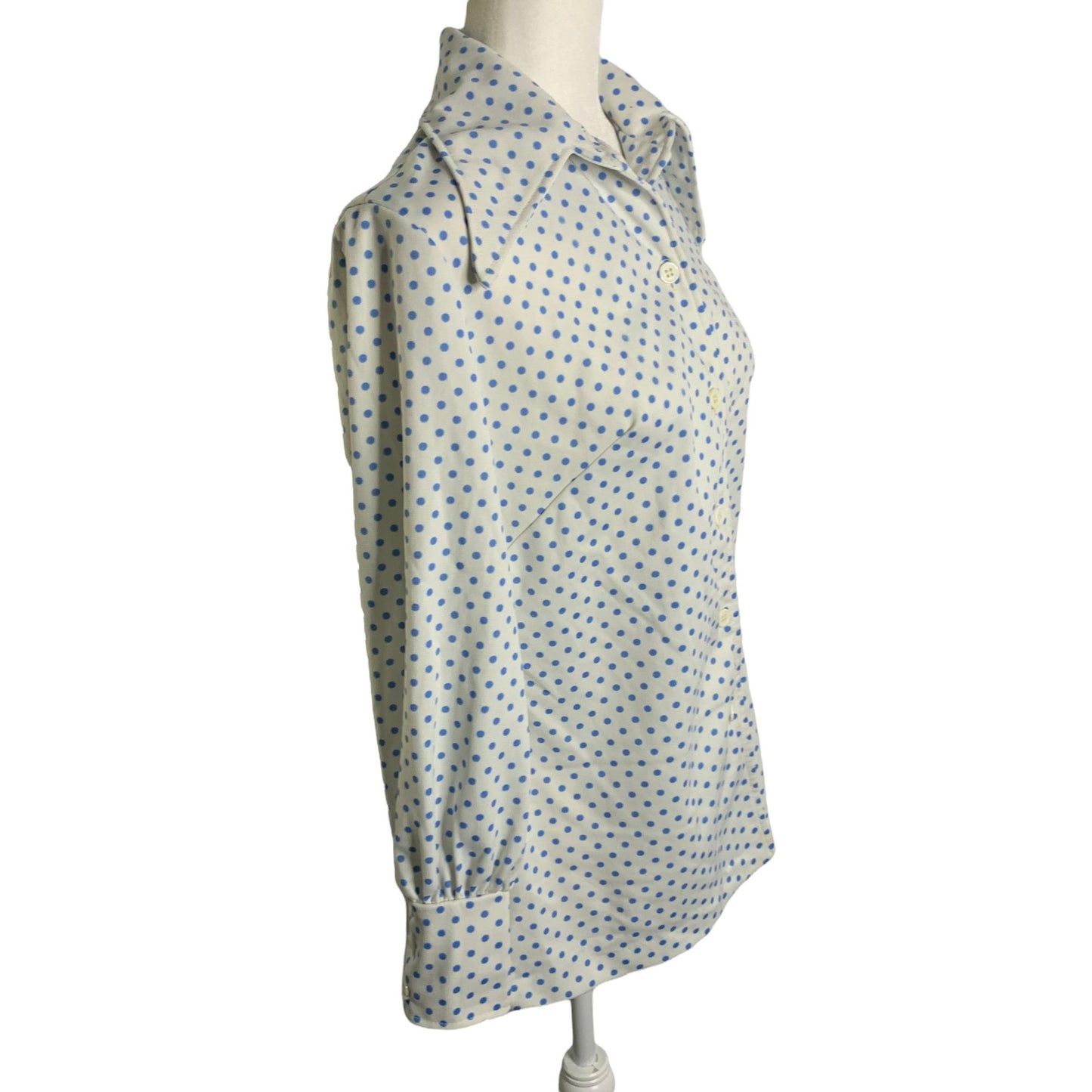 Vintage 70s Button Up Knit Blouse M White Blue Polka Dot Large Point Collar