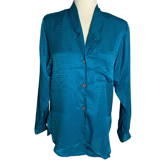 Vintage Silky Button Up Shirt M Teal Blue Long Sleeve Pocket Notch Collar