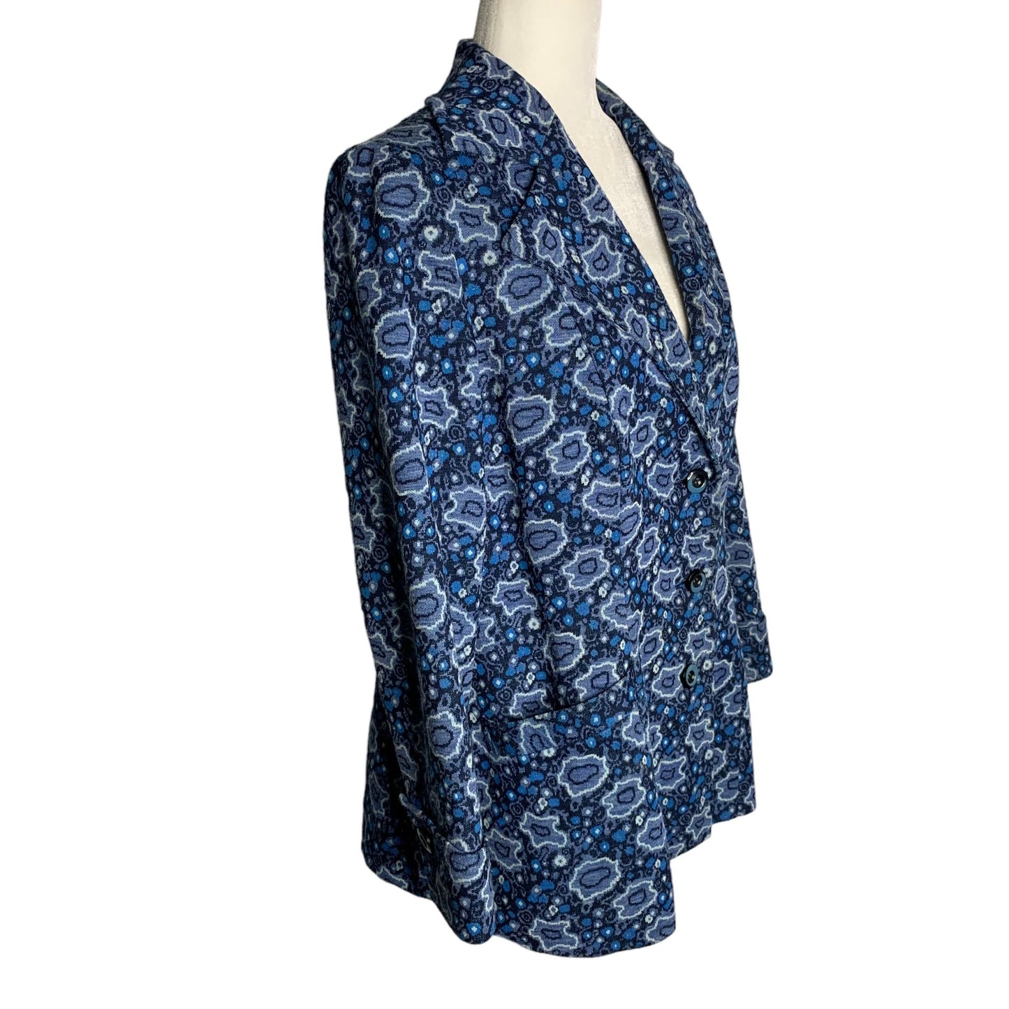 Vintage 70s Heavy Knit Blazer Jacket M Blue Floral Lined Pockets Buttons