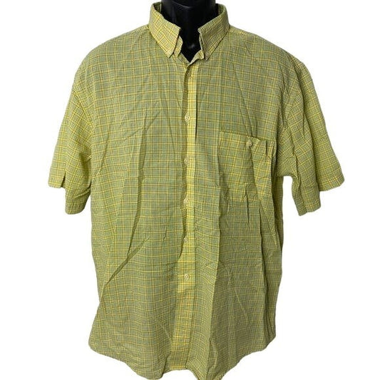 Towncraft Button Down Short Sleeve Shirt L Yellow Plaid Chest Pocket No Wrinkle