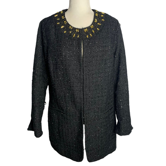 Chicos Boucle Beaded Jacket L Black Metallic Leopard Lined Pockets Hook & Eye