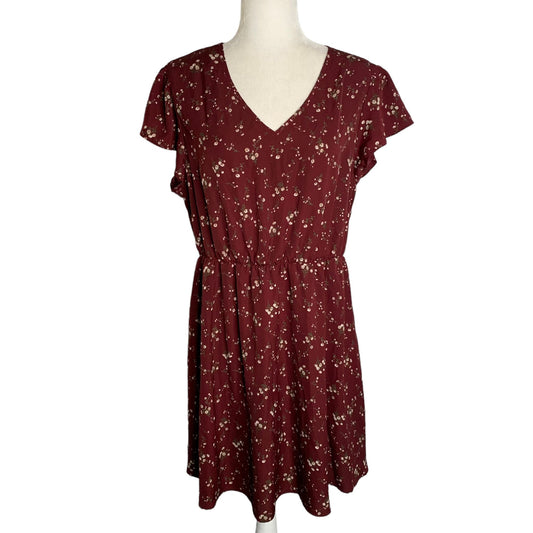 Flutter Sleeve V Neck Swing Dress 1XL Maroon Floral Elastic Waist Knee Length