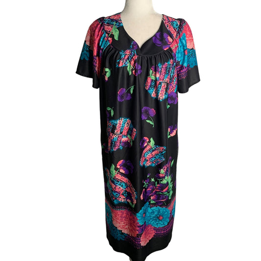 Vintage Anthony Richards MuuMuu House Dress M Black Floral Pockets Short Sleeve