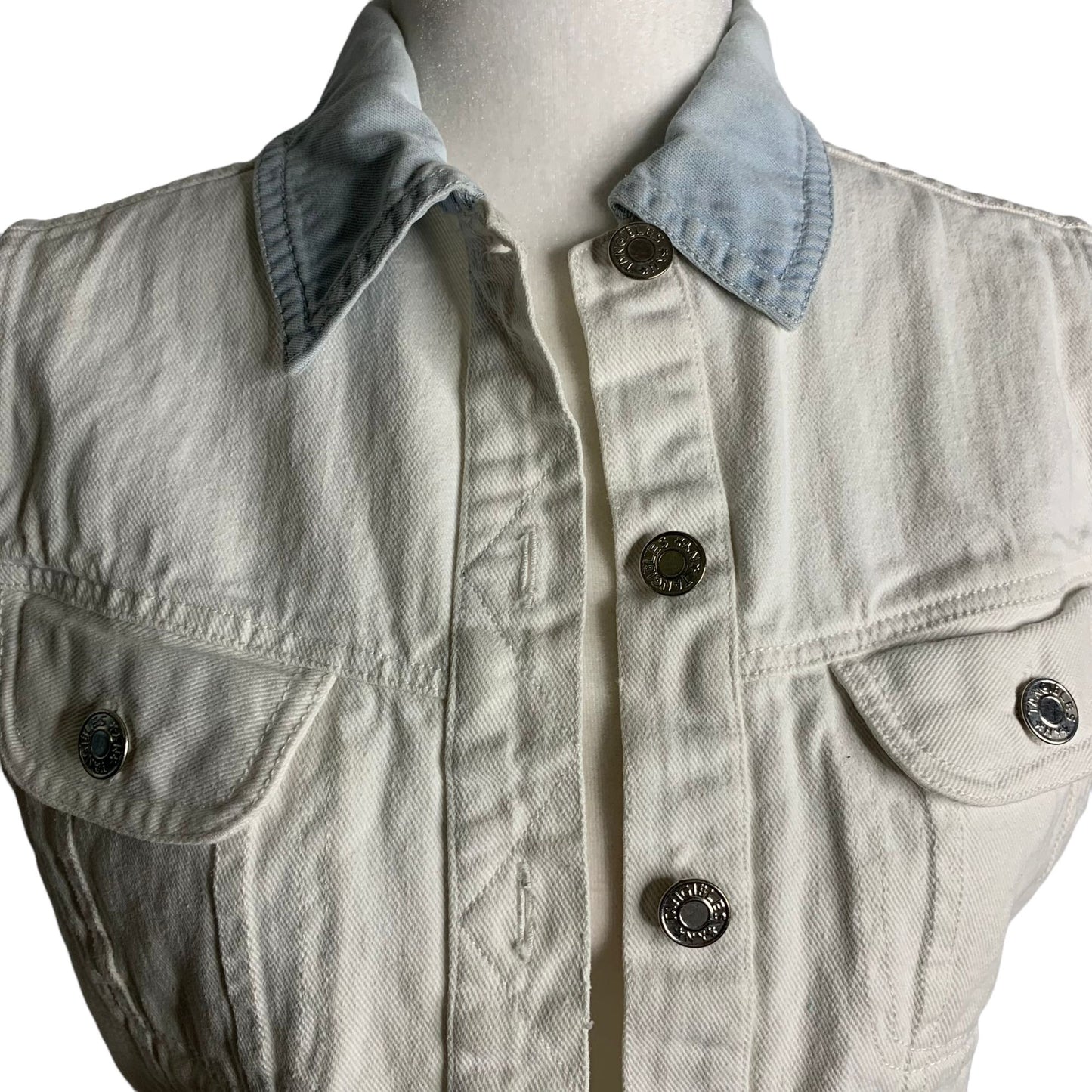 Vintage 90s Tangibles Denim Vest M White Button Up Pockets Cropped Cotton