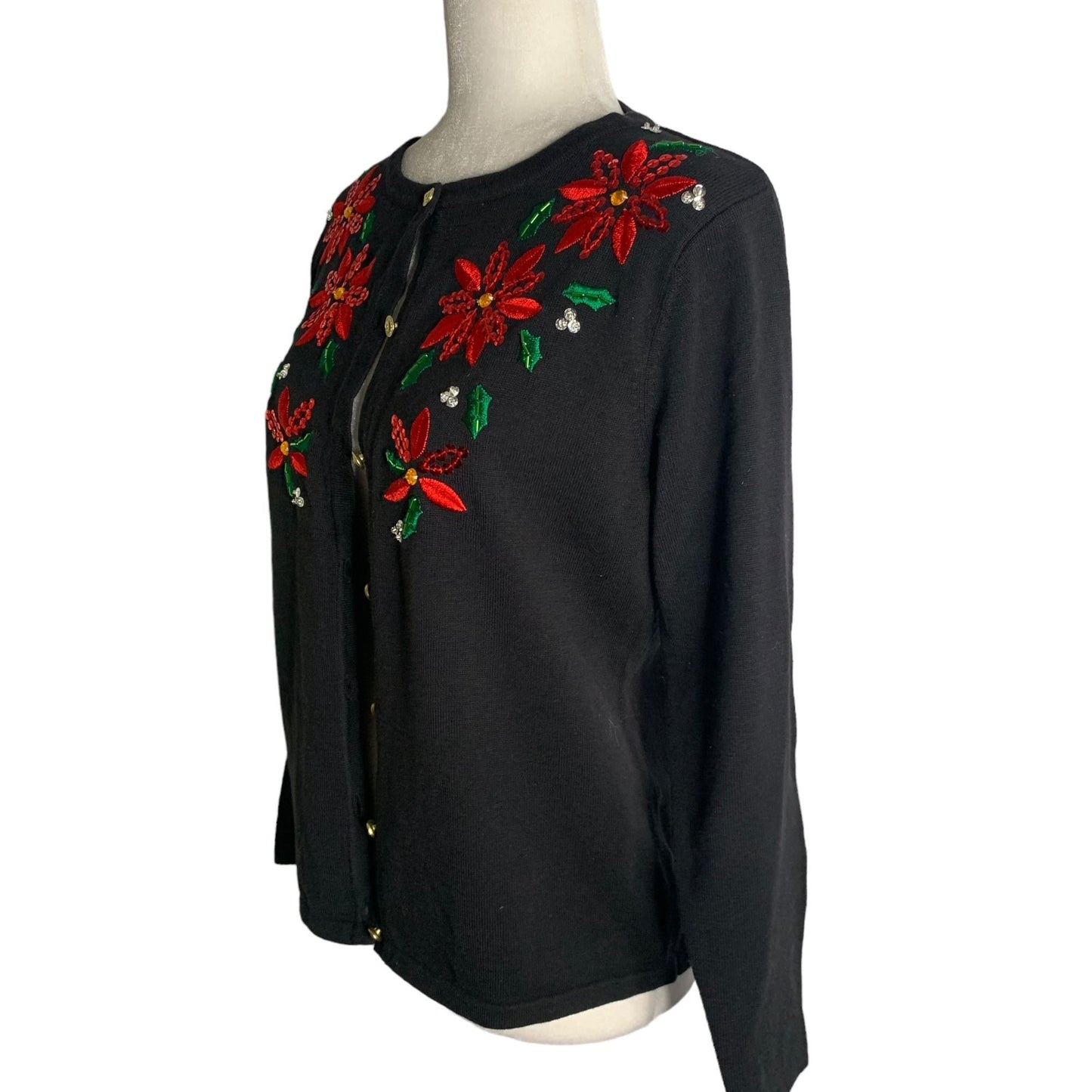 Classic Elements Holiday Poinsettia Cardigan Sweater MP Black Sequin Button Up