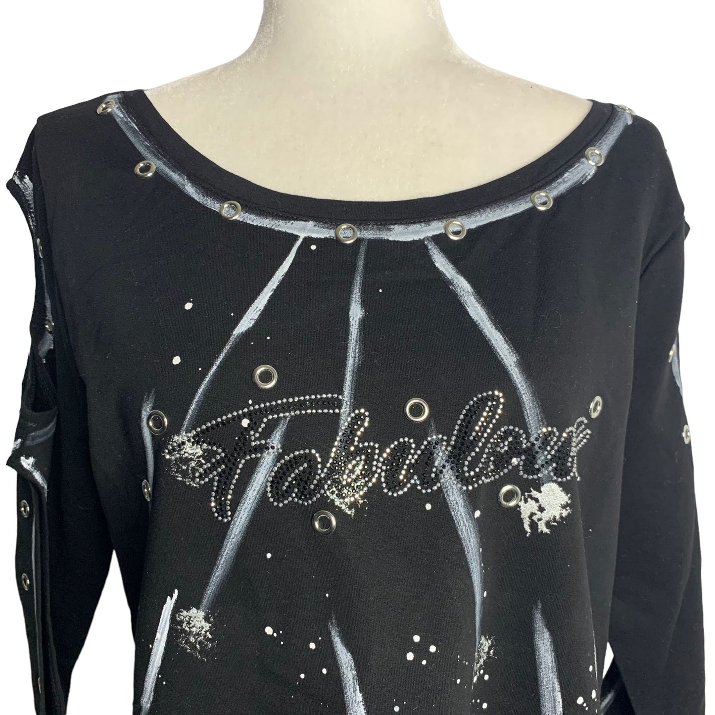 Olyss Hand Painted Fabulous Cut Out Top XL Black Long Sleeve Rhinestones Rivets