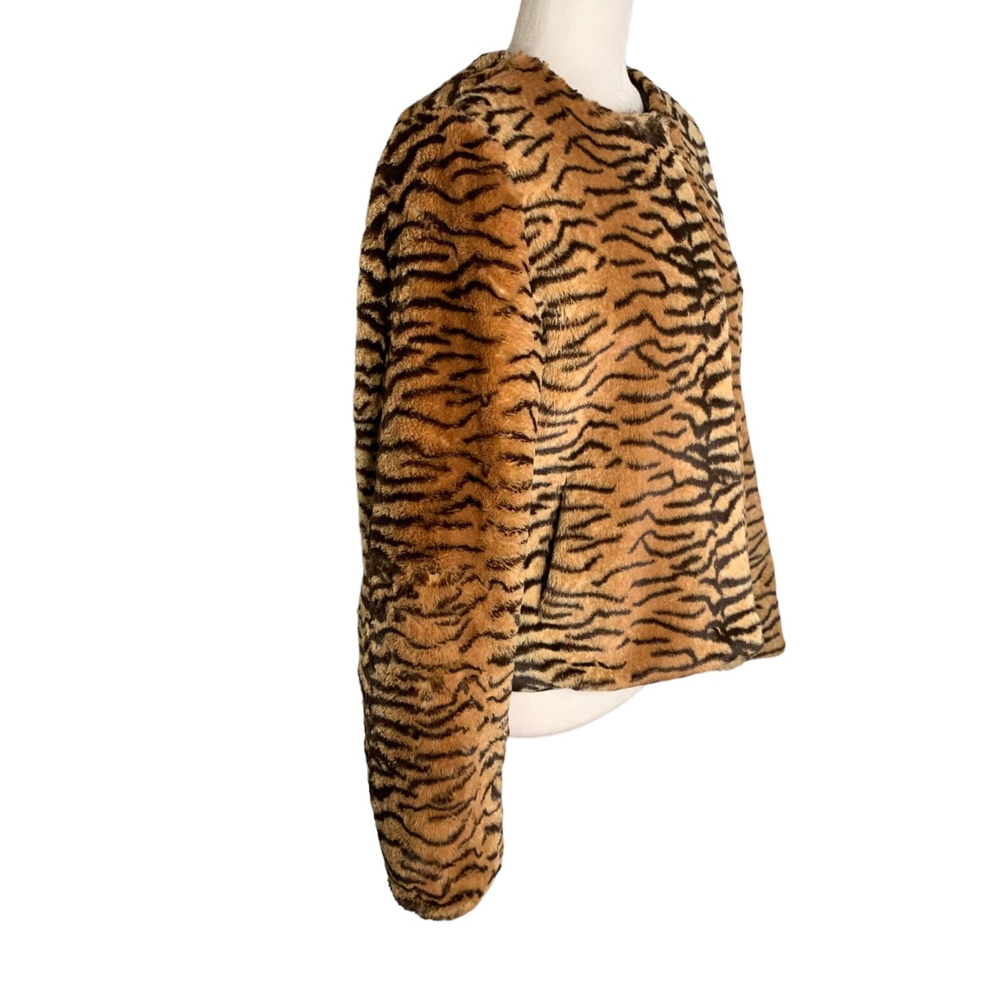 Vintage 90s Moda International Tiger Coat M Brown Faux Fur Plush Lined Pockets