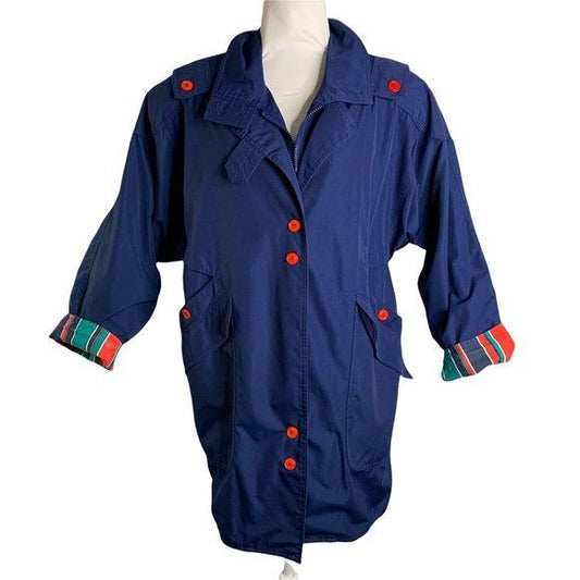 Vintage 80s Sportables Button Up Coat S Blue Stripe Lining Pockets Shoulder Pads