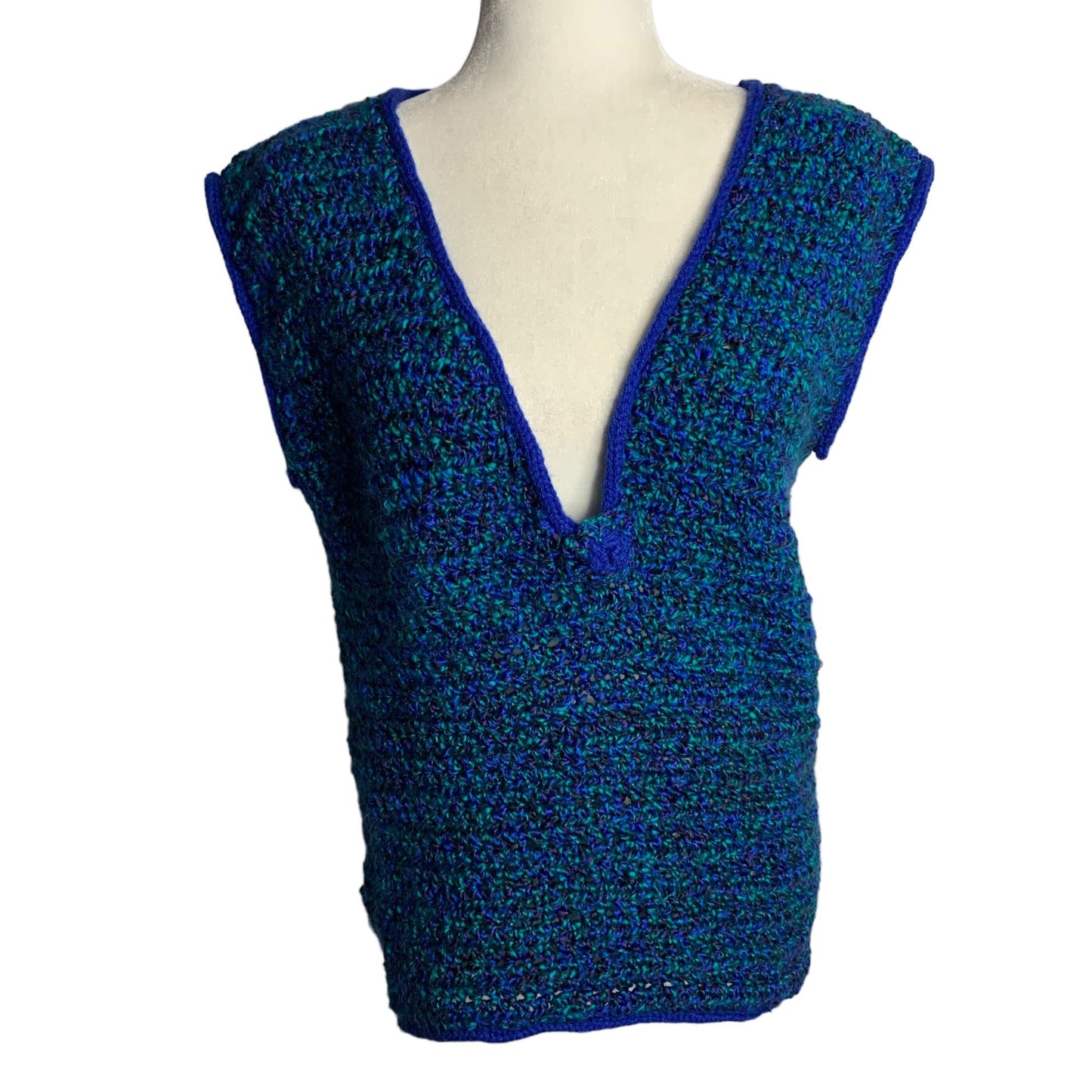 Vintage Handmade Knit Sweater Vest M Blue Green Sleeveless V Neck Soft Yarn