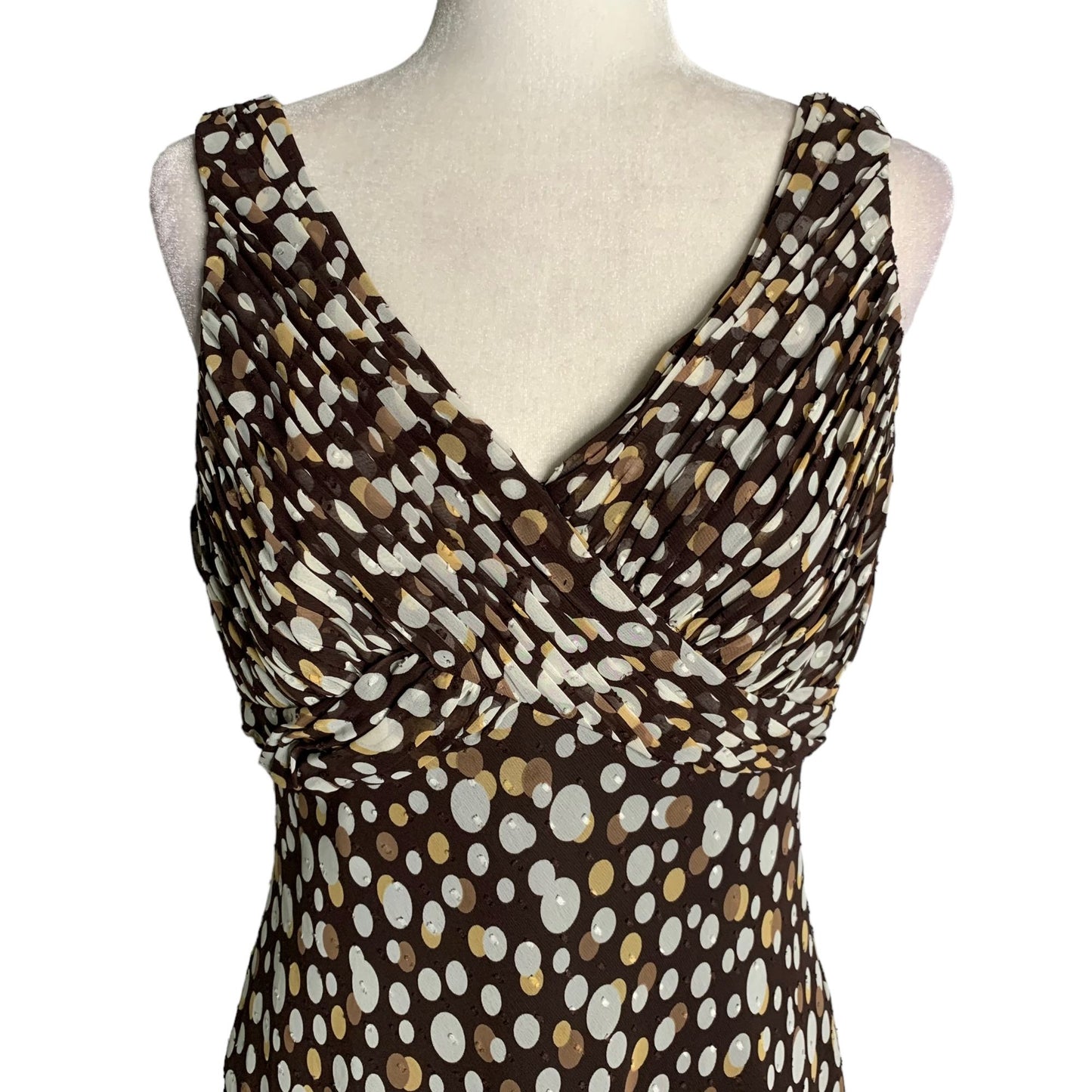 Adrianna Papell Sleeveless Chiffon Dress 12 Brown Polka Dot Lined Pleated Zip