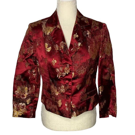 Newport News Asian Inspired Jacquard Blazer 4 Red Gold Buttons 3/4 Sleeve NEW