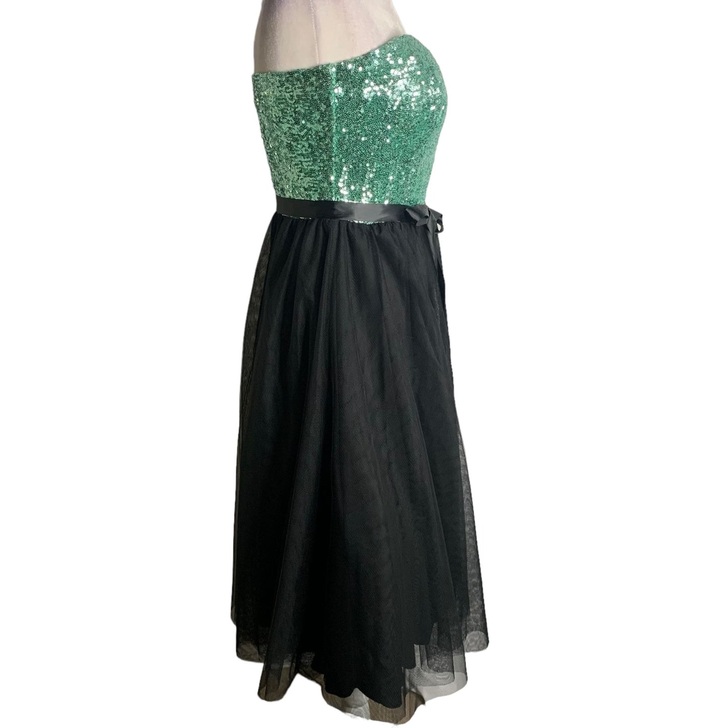 Windsor Strapless Party Prom Dress 11 Green Black Sequins Midi Tulle Tie Waist