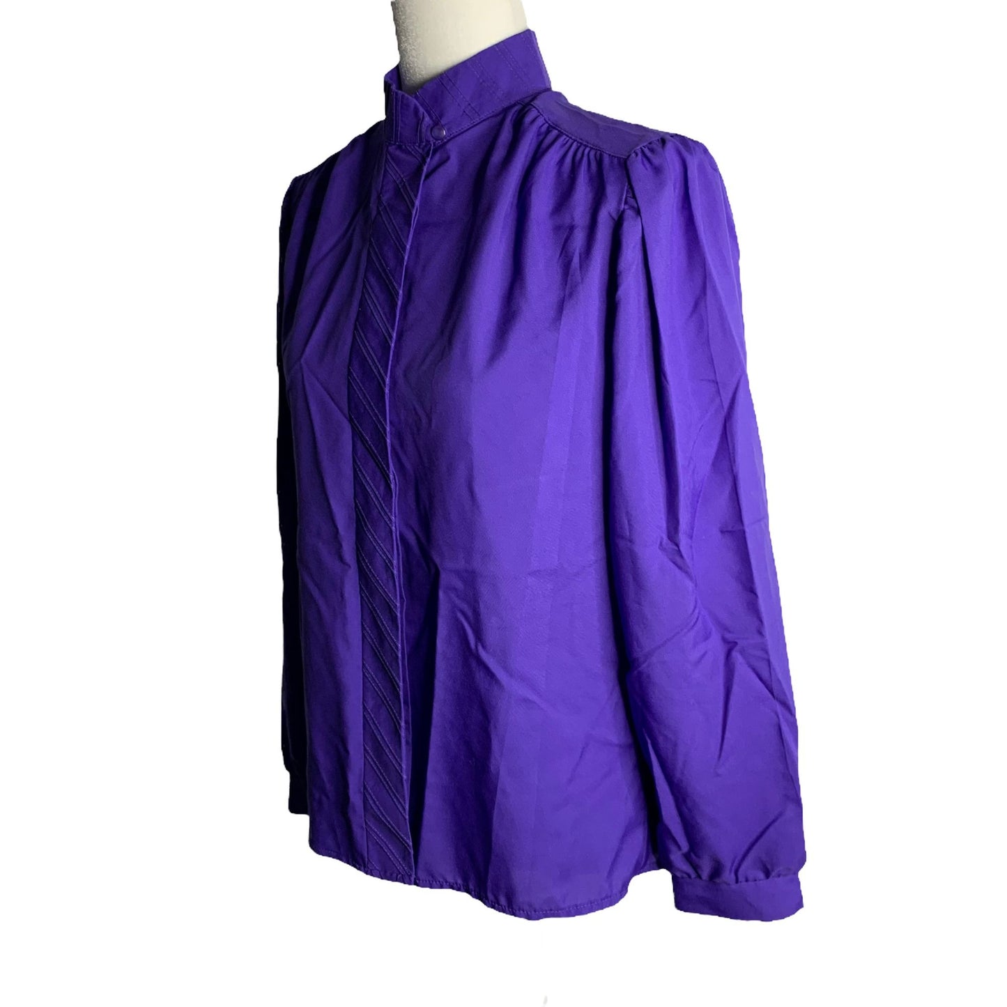 Vintage 80s Donnkenny Secretary Blouse M Purple Hidden Buttons High Neck