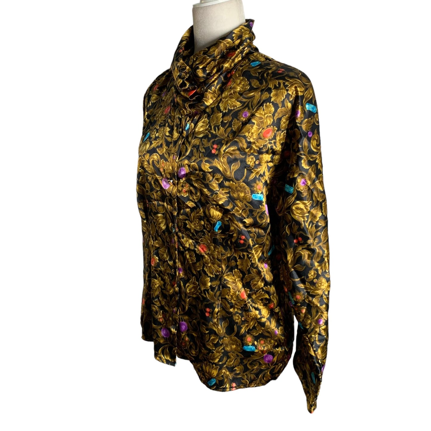 Vintage 80s Baroque Button Up Shirt M Black Gold Silky High Neck Long Sleeves