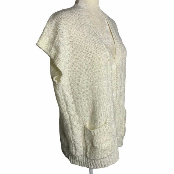 Vintage Short Sleeve Knit Cardigan Sweater L White Buttons Short Sleeves Pockets