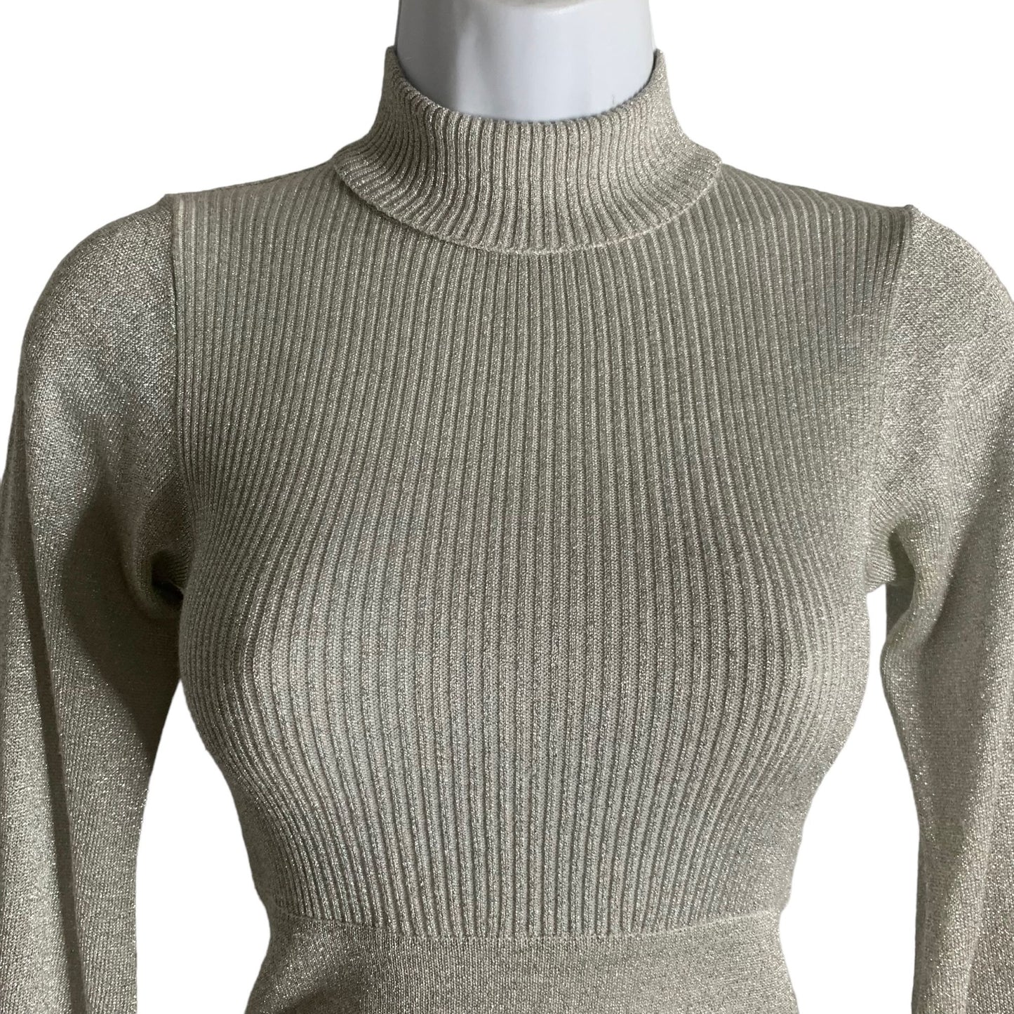 Vintage 70s Wenjilli Metallic Knit Top XS Silver Long Sleeve Turtleneck Zipper