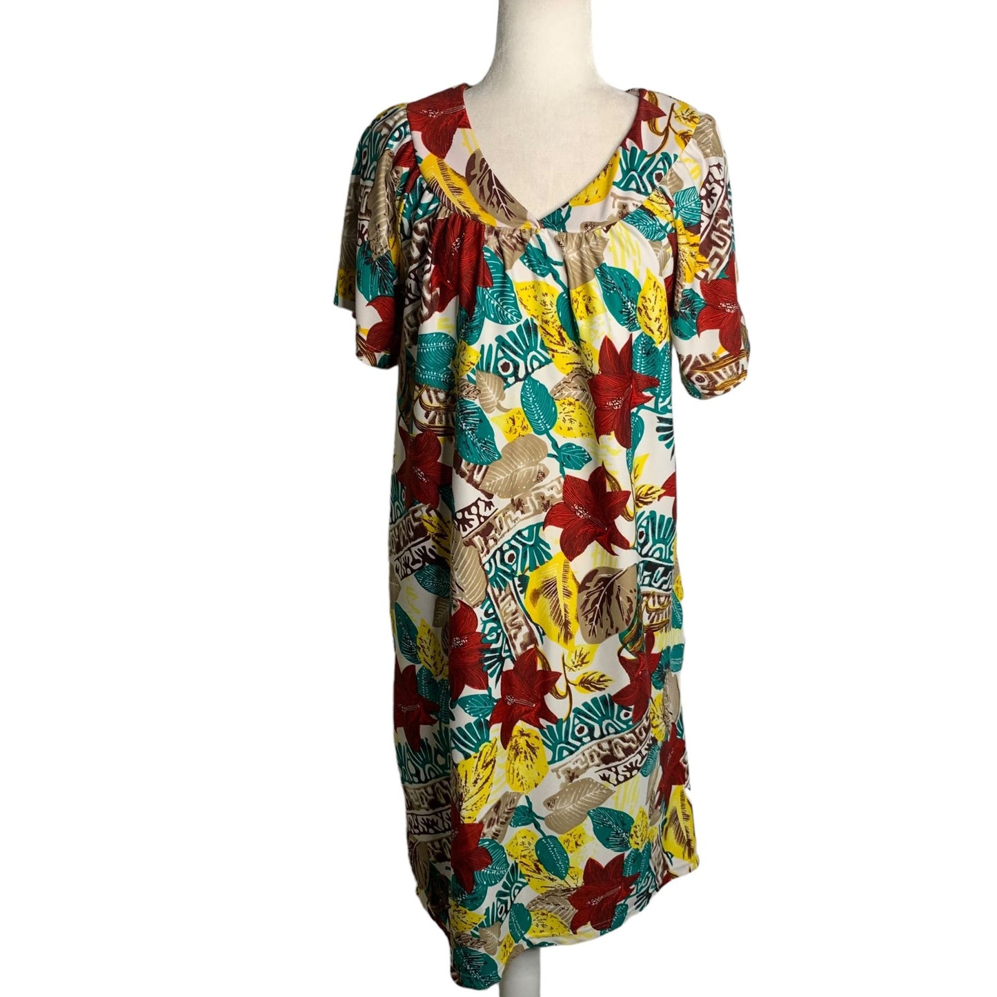 Vintage Anthony Richards MuuMuu House Dress M White Floral Pockets Short Sleeve