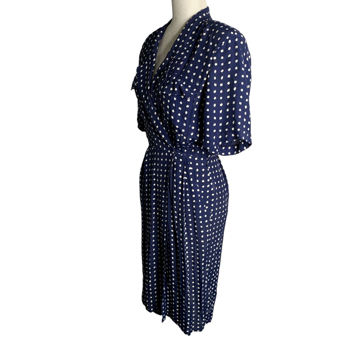 Vintage 80s Karin Stevens Wrap Dress S Blue Polka Dot Midi Shoulder Pads Snaps