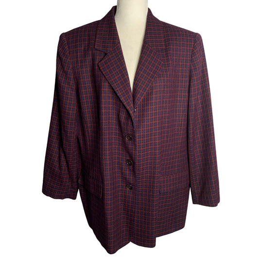 Vintage Worsted Wool Blazer Jacket XL Purple Plaid Shoulder Pads Buttons Pockets