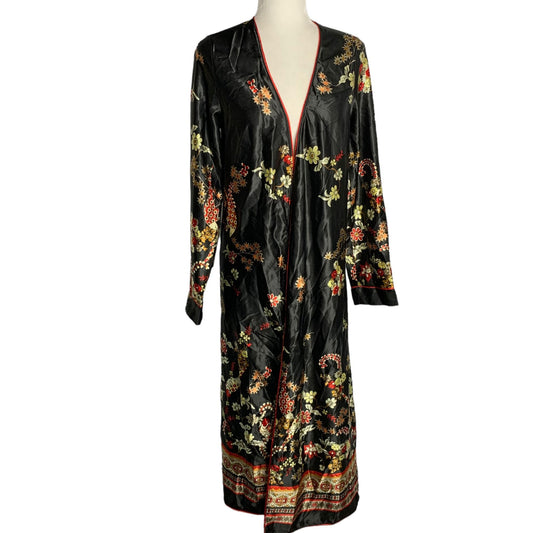 Honey Punch Asian Print Robe Duster S Black Floral Long Sleeves Belt Loops