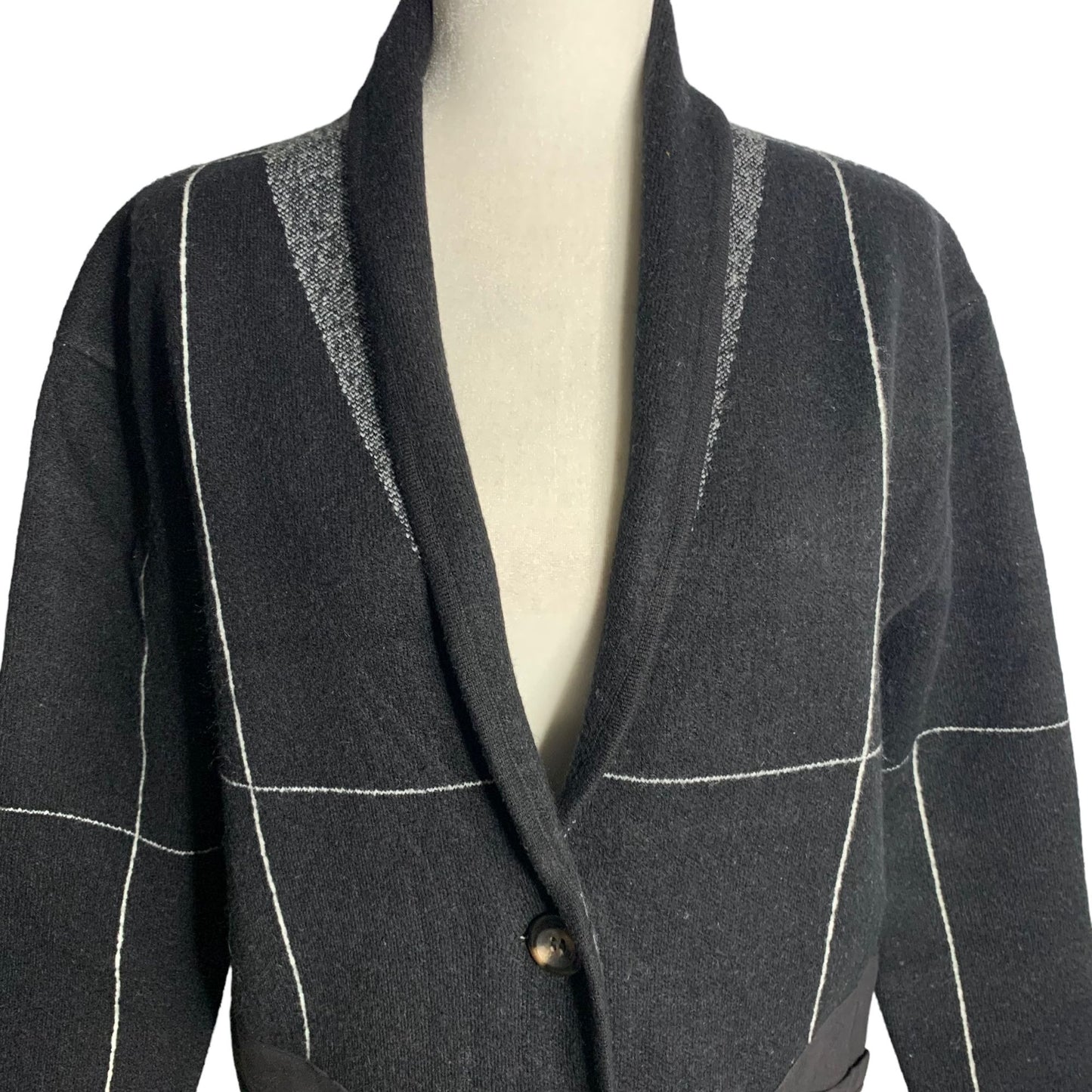 Kerisma Shawl Collar Grid Coat S/M Black Buttons Faux Leather Pockets Patches