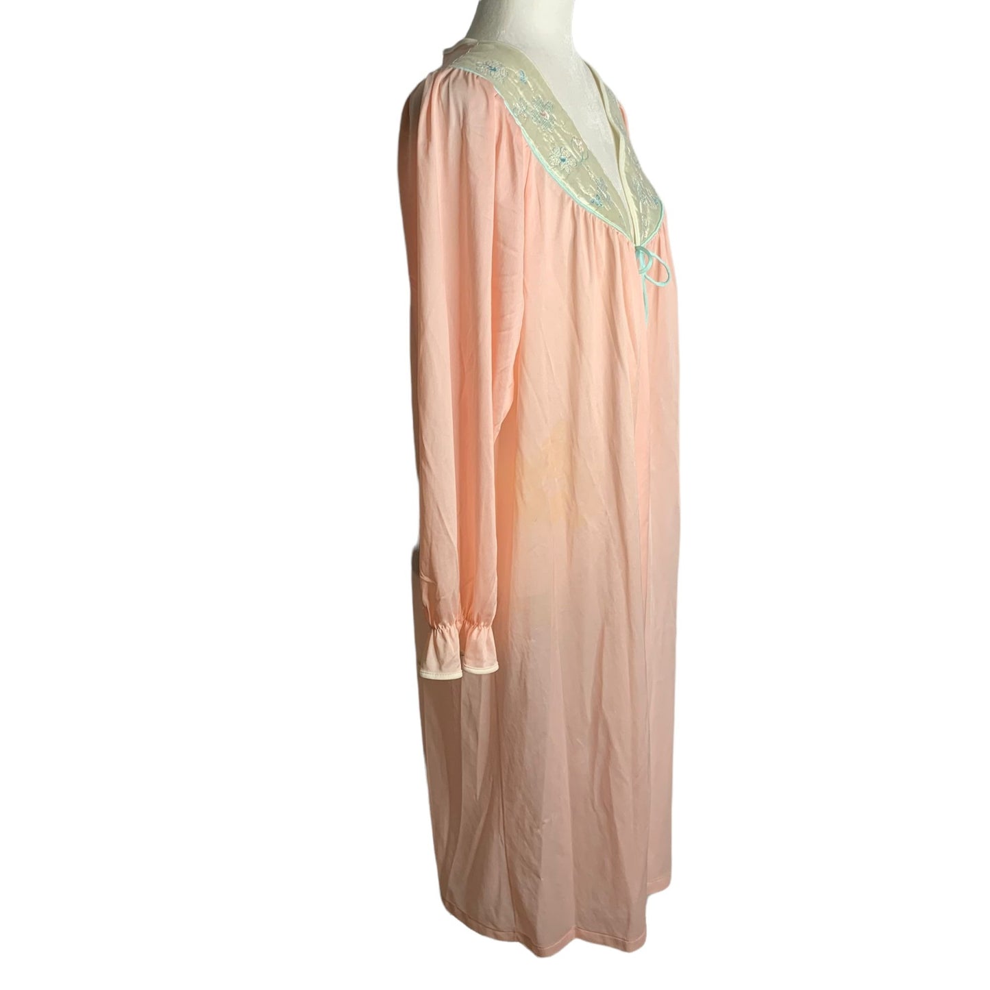 Vintage 60's Ashley Ames Nylon Robe L Pink Embroidered Tie Front Peignoir