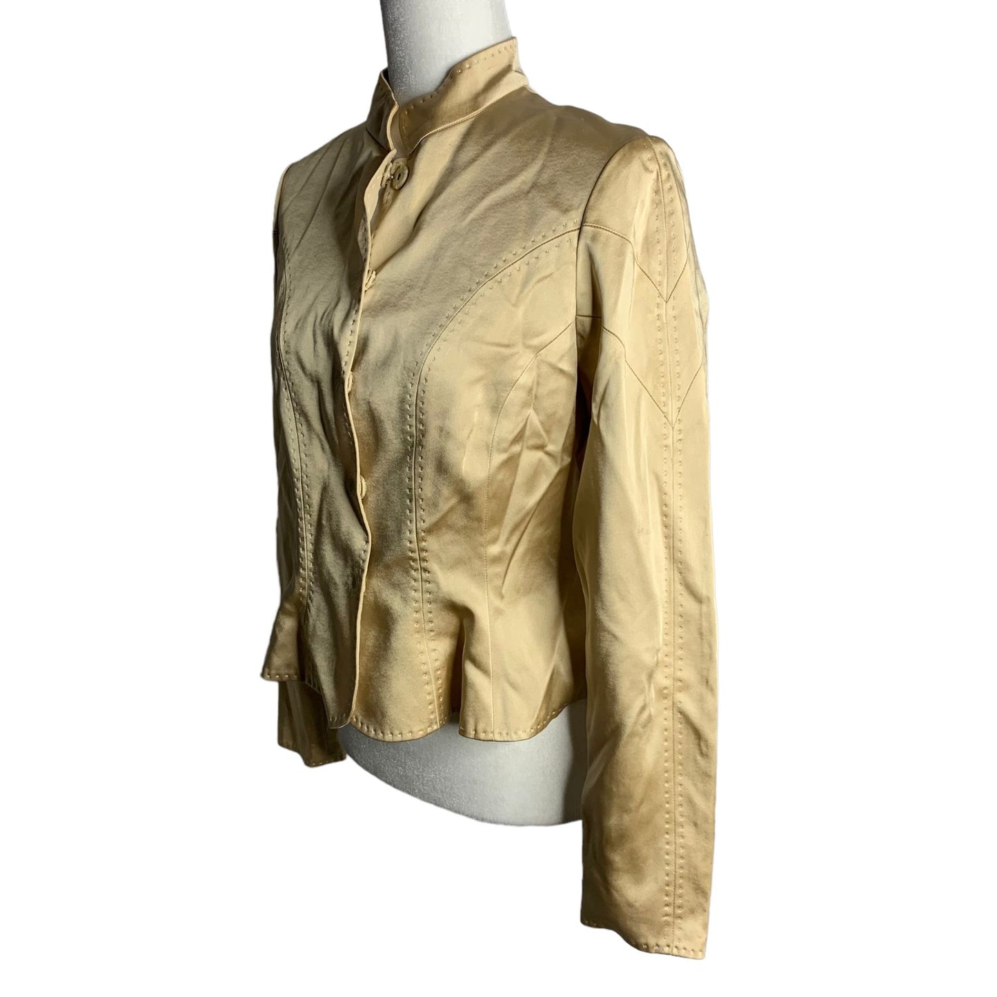 Eccoci Satin Blazer Jacket 4 Gold Snap Front Long Sleeve Lined Exposed Stitching