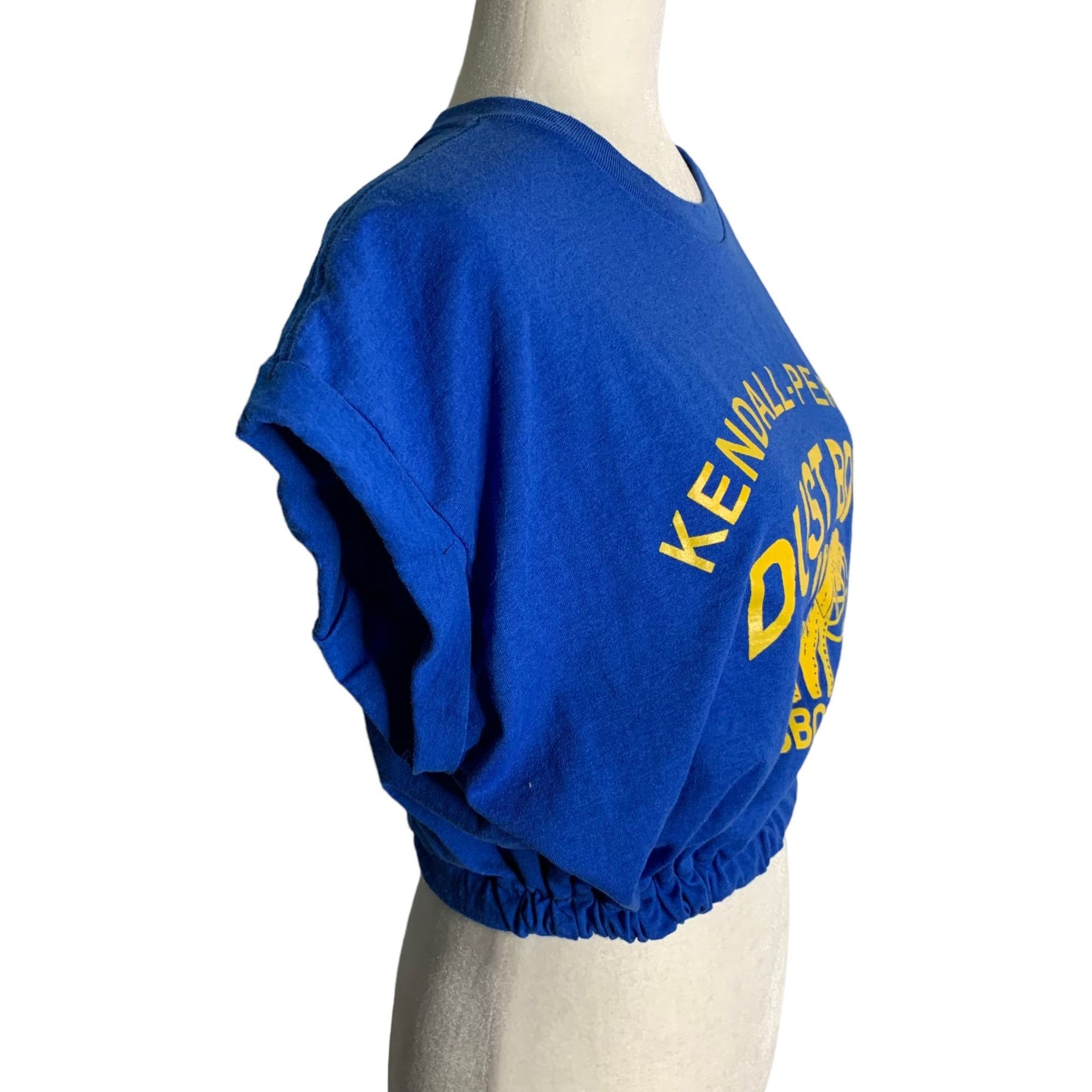 Vintage Upcycled Crewneck T Shirt XL Blue Cuffed Sleeve Cropped Elastic Waist