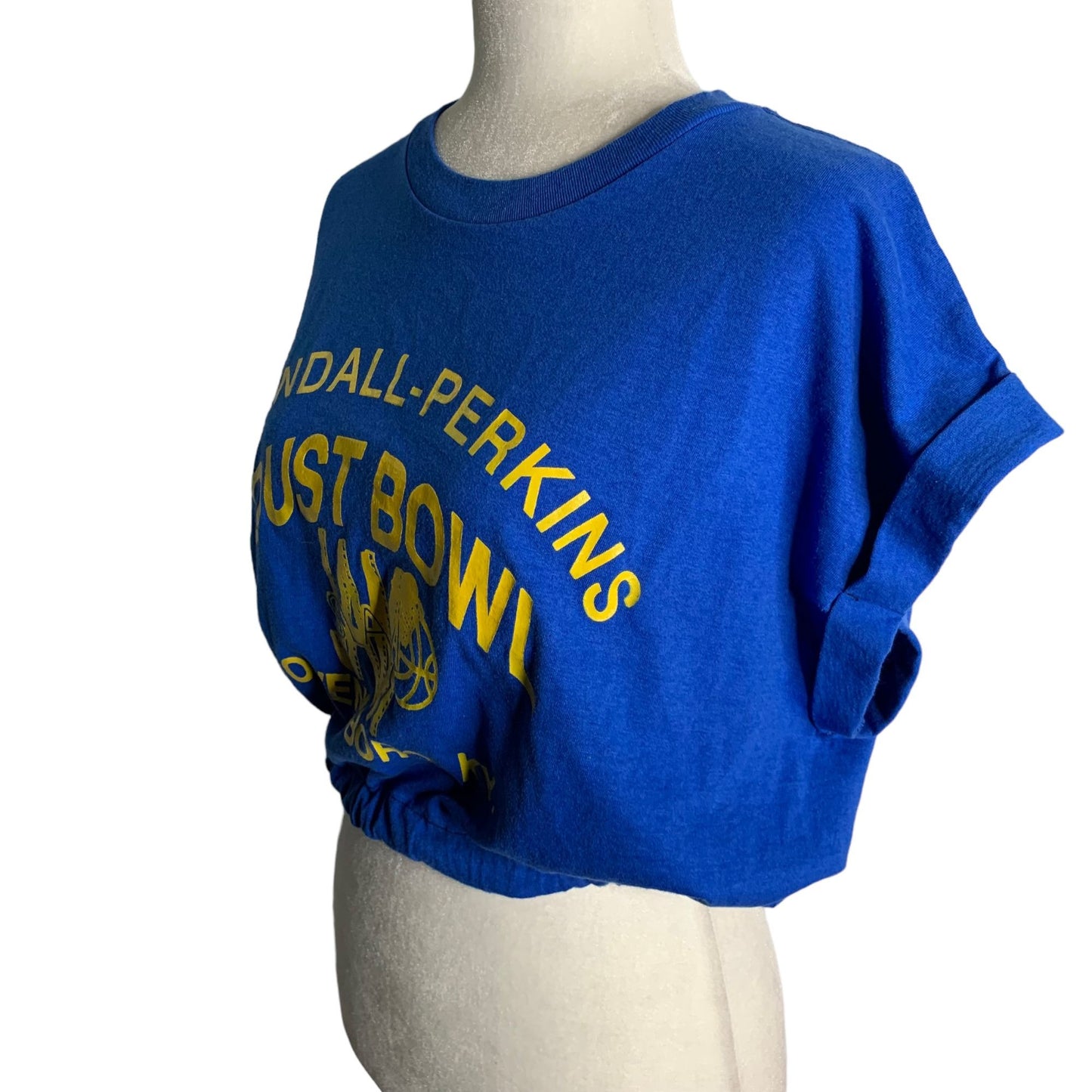 Vintage Upcycled Crewneck T Shirt XL Blue Cuffed Sleeve Cropped Elastic Waist