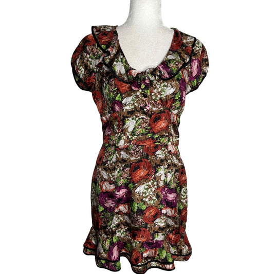 Twelve by Twelve Floral Silk Dress Ruffled Collar Small Multicolor Side Zipper