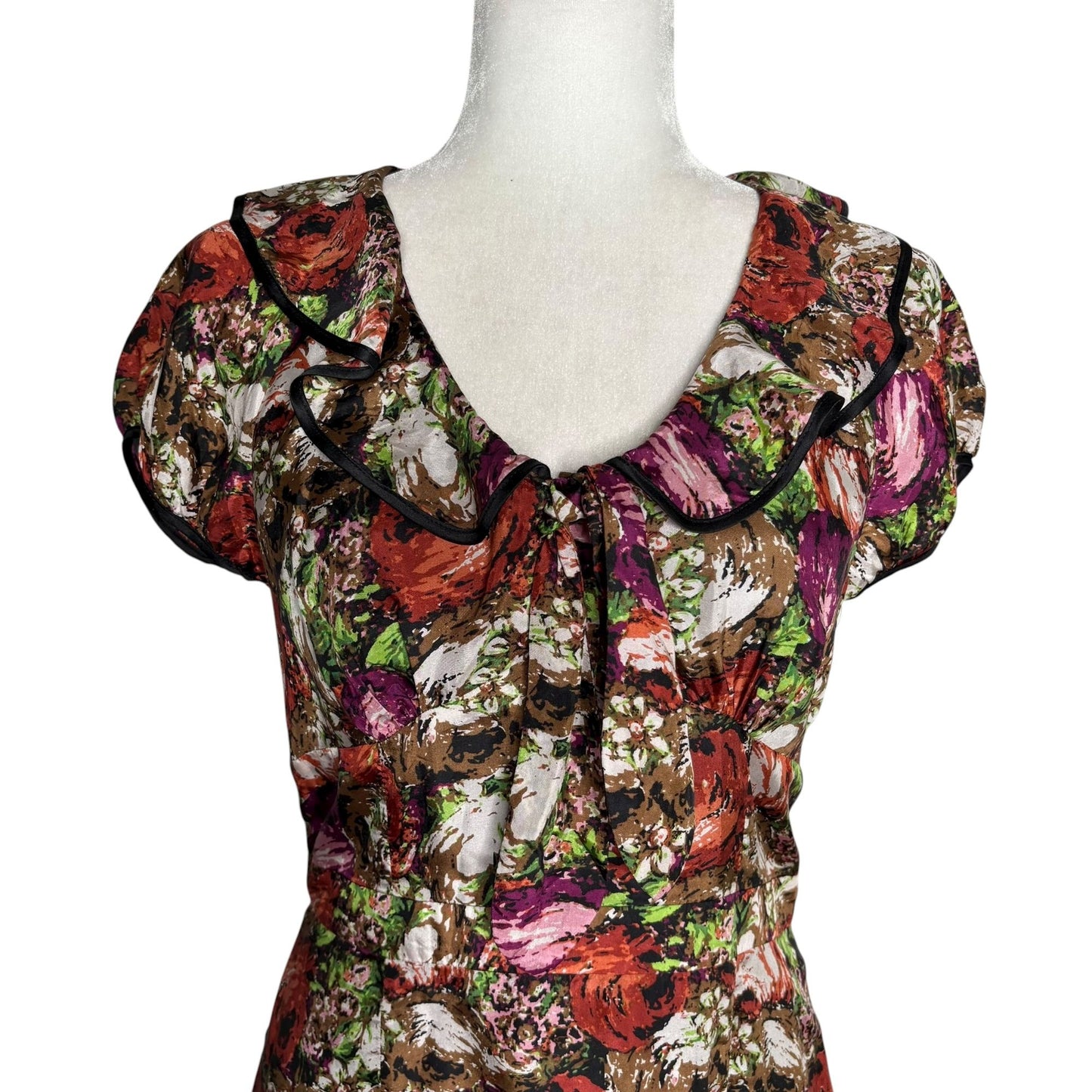 Twelve by Twelve Floral Silk Dress Ruffled Collar Small Multicolor Side Zipper