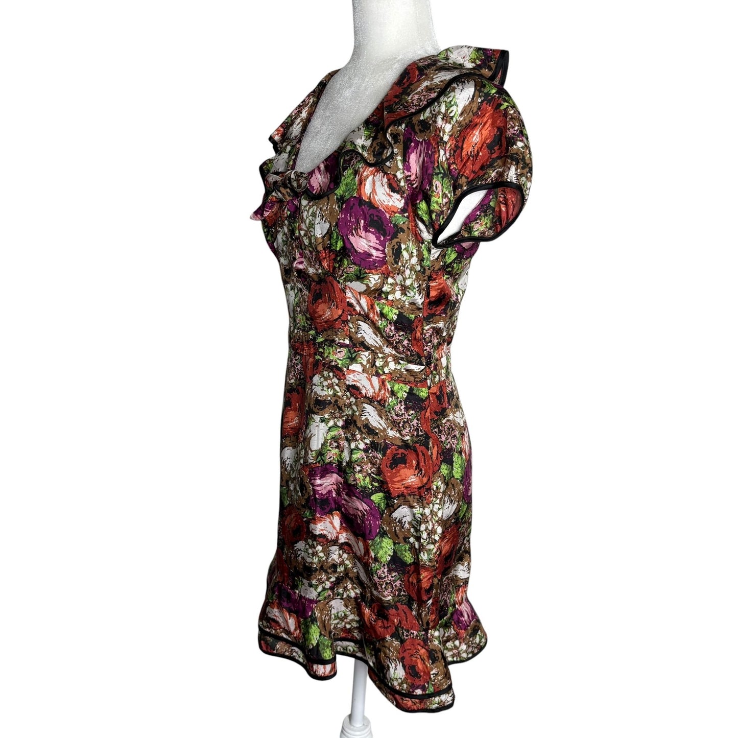 Twelve by Twelve Floral Silk Dress Ruffled Collar Small Multicolor Side Zipper