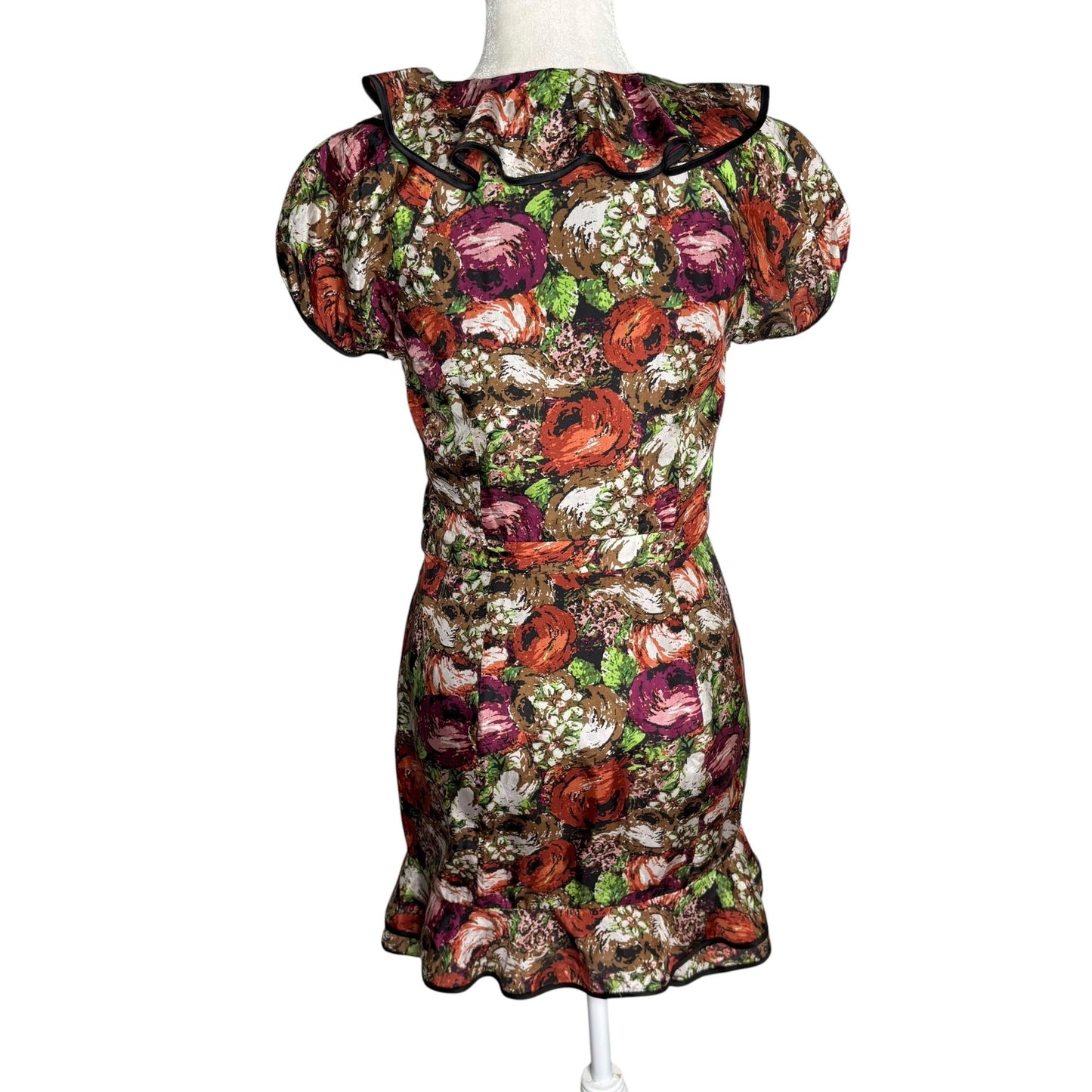 Twelve by Twelve Floral Silk Dress Ruffled Collar Small Multicolor Side Zipper