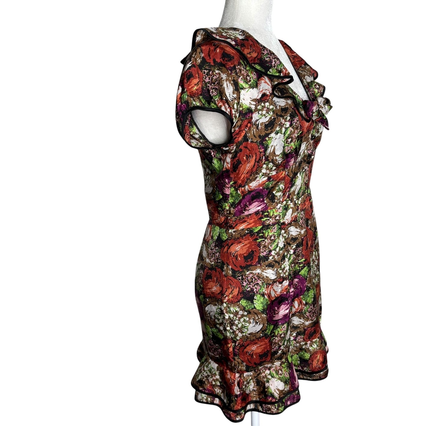 Twelve by Twelve Floral Silk Dress Ruffled Collar Small Multicolor Side Zipper