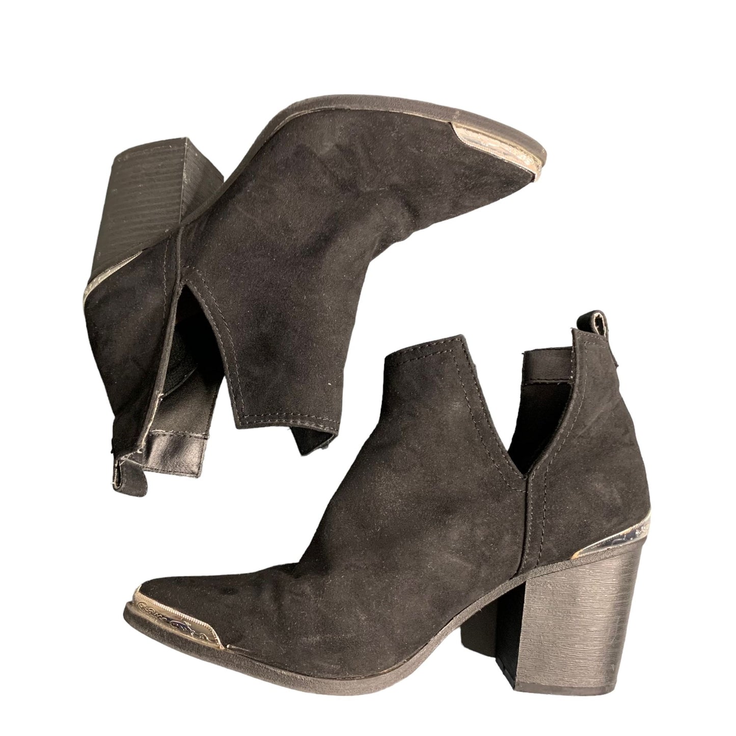 Mossimo Faux Suede Heeled Booties 6 Black Silver Tips Side Cutouts Western