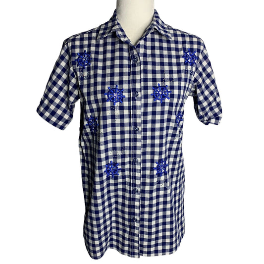 Quacker Factory Embroidered Button Up Shirt XXS Blue Gingham Short Sleeves