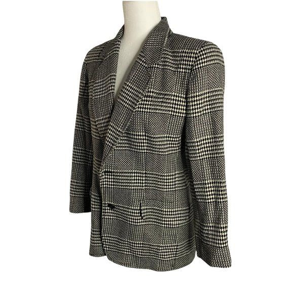 90s Liz Wear Wool Blend Blazer 6P Black White Check 2 Button Pockets Lined