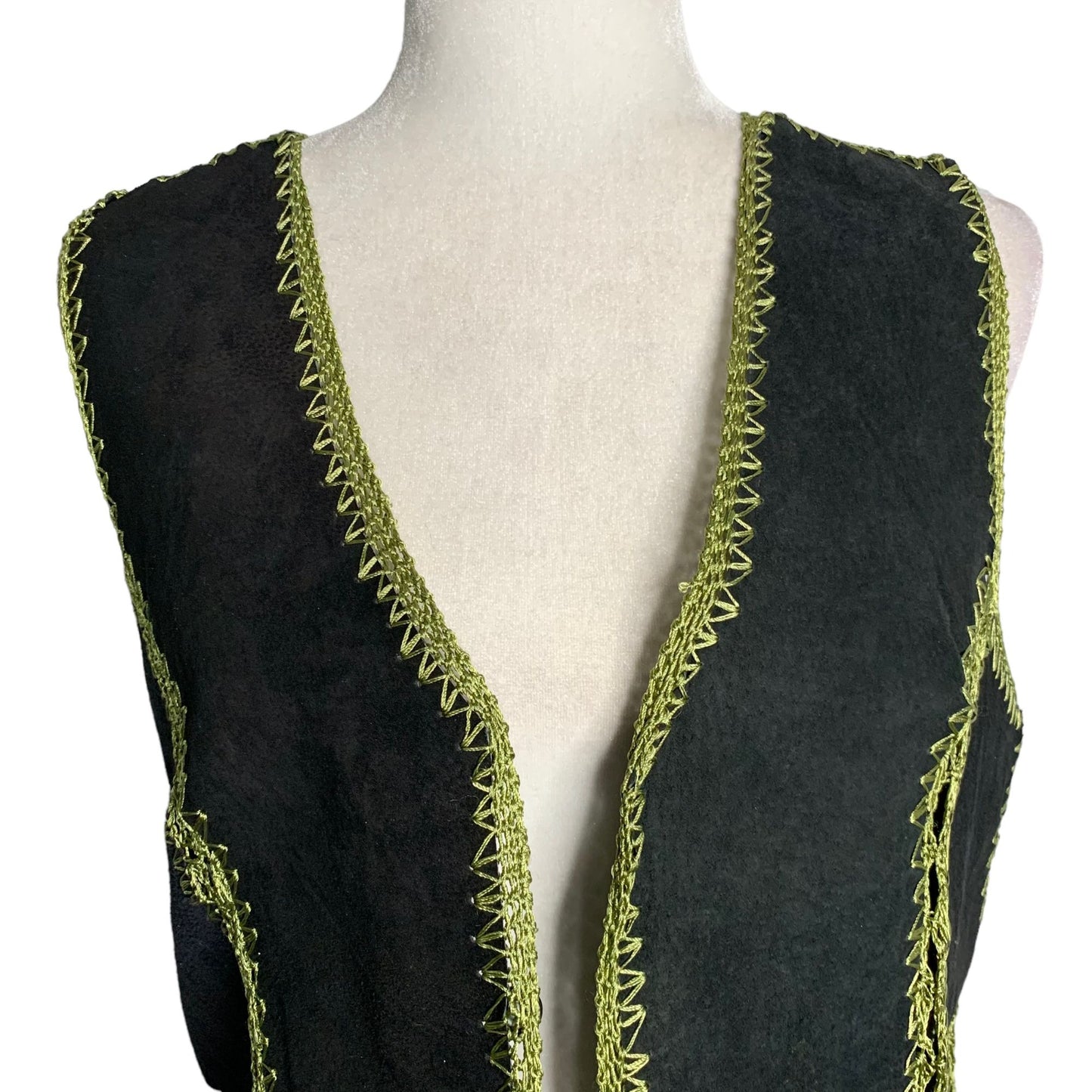 Reversible Crochet Embroidery Leather Vest S Black Floral Button Up Festival