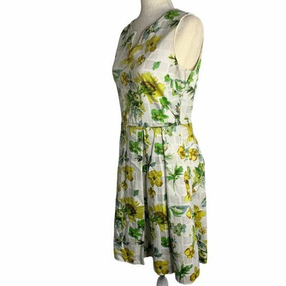 Julian Taylor Pleated Sleeveless Dress 8 White Floral Split V Zip Lined Pockets