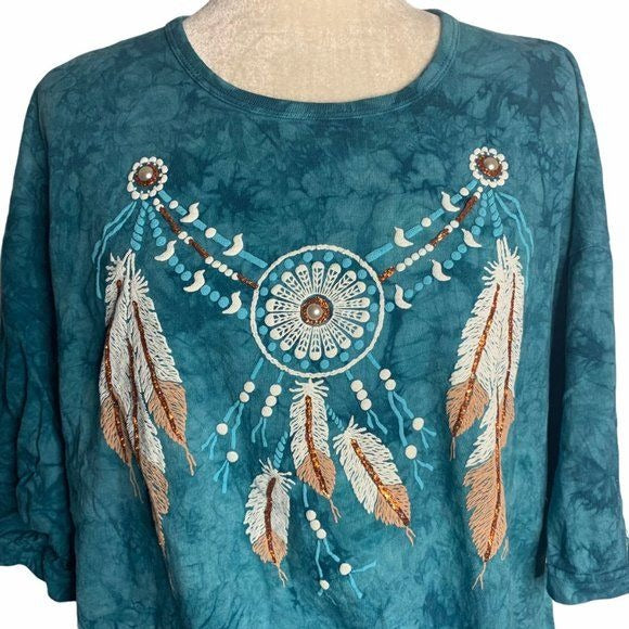 Vintage 90s Native American Tie Dye T Shirt XL Blue Green Painted Feathers Vegas